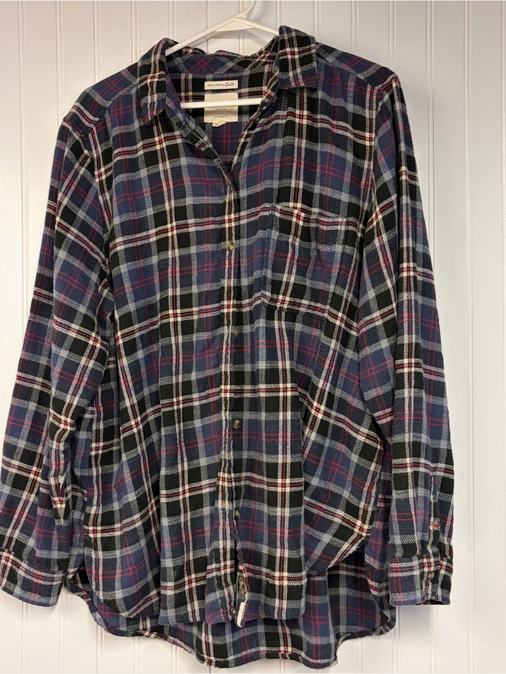 American Eagle Navy Plaid Flannel Button-Up Shirt Boyfriend Fit XXL